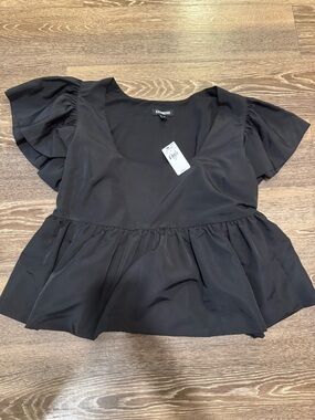 Express Black Peplum Scoop-Neck Blouse with Ruffle Sleeves